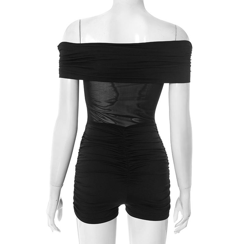Fold-Over Off-Shoulder Patchwork Mesh See-Through Jumpsuit