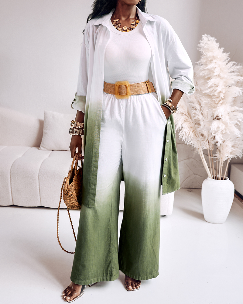 Women gradient printed long-sleeved shirt and wide-leg pants two-piece set - beltless