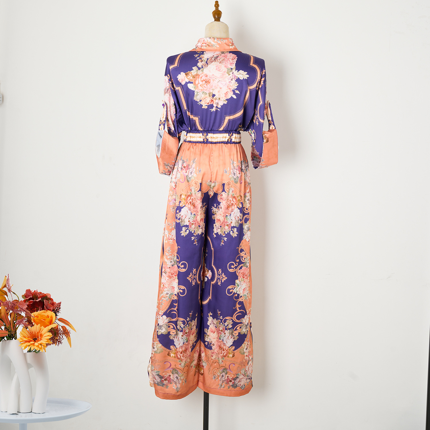 Spring & Summer Print Loose Satin Shirt High-Waisted Elastic Waist Wide-Leg Pants Two-Piece Set