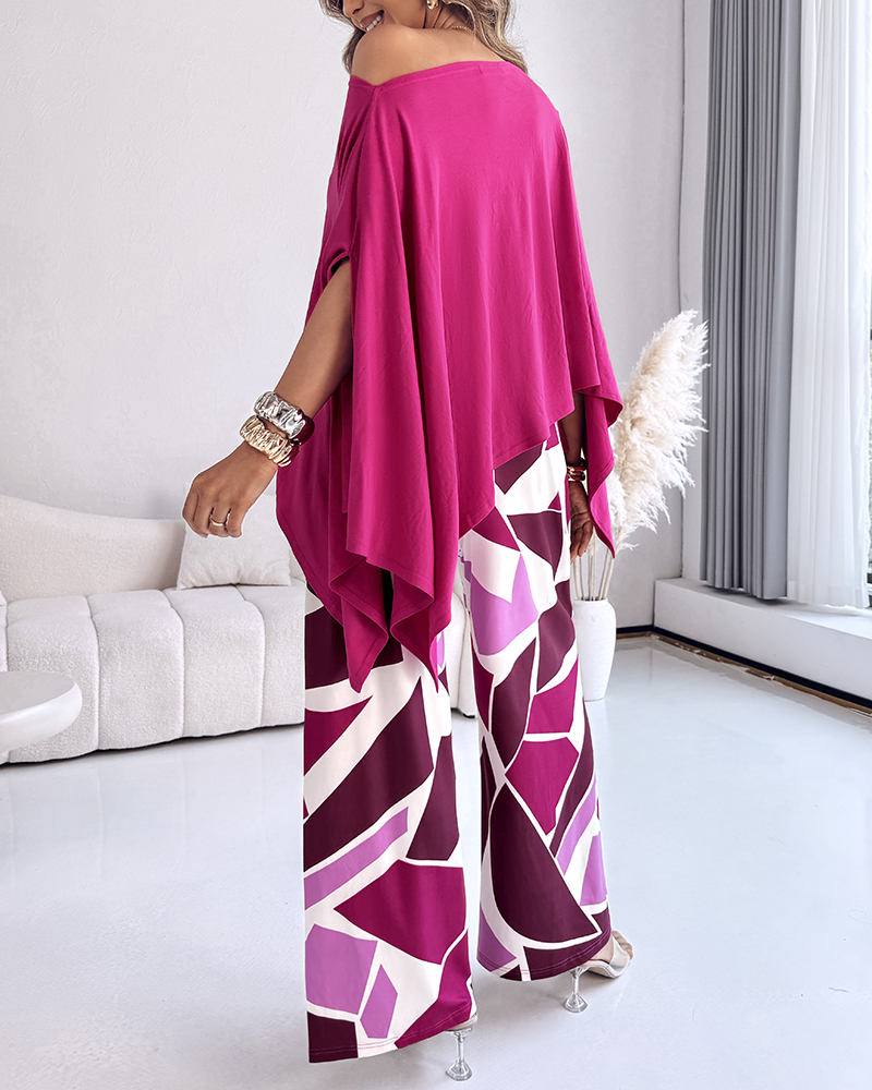 Women off-the-shoulder bat sleeves top and colorblock wide-leg pants two-piece set