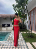Women's Spring & Summer Sexy Slash Shoulder Top & Slit Skirt Solid Color Knitted Two-Piece Set For Holidays