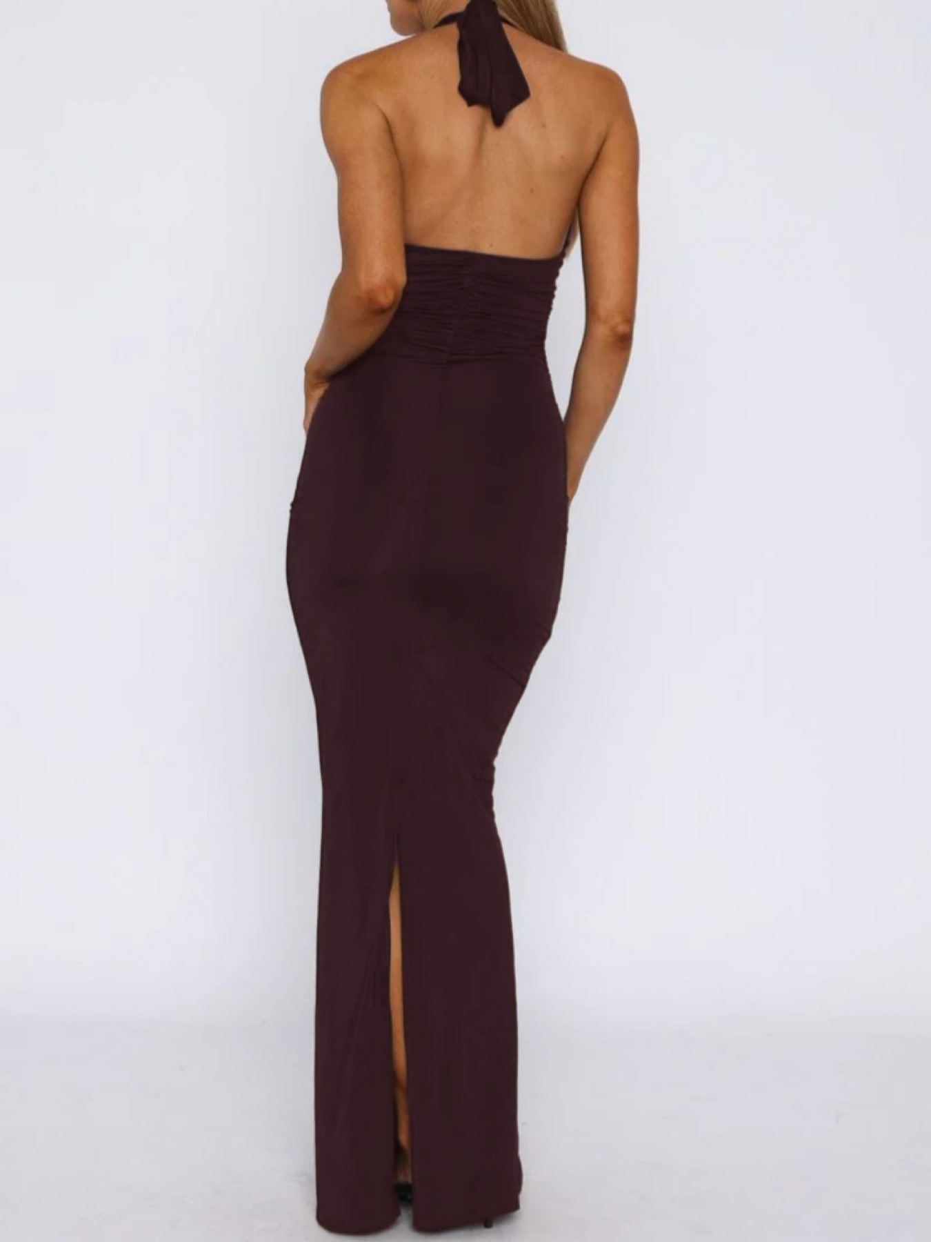 Women's Summer Solid Color Sexy Slit U-Neck Metal Ring Low Back Long Dress