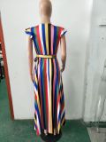 Women's Ruffled Sleeve Rainbow Striped Print Dress