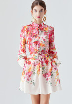 Women's Print Long Sleeve Lantern Sleeve Stand Collar Single-Breasted Short Dress With Belt Women's Print Long Sleeve Lantern Sleeve Stand Collar Single-Breasted Short Dress With Belt