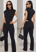 Women's Round Neck Sleeveless Side Cut-Out Black Bodysuit Top & Tight Fitting Pants Two-Piece Set Women's Round Neck Sleeveless Side Cut-Out Black Bodysuit Top & Tight Fitting Pants Two-Piece Set