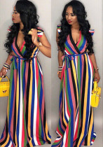 Women's Ruffled Sleeve Rainbow Striped Print Dress Women's Ruffled Sleeve Rainbow Striped Print Dress