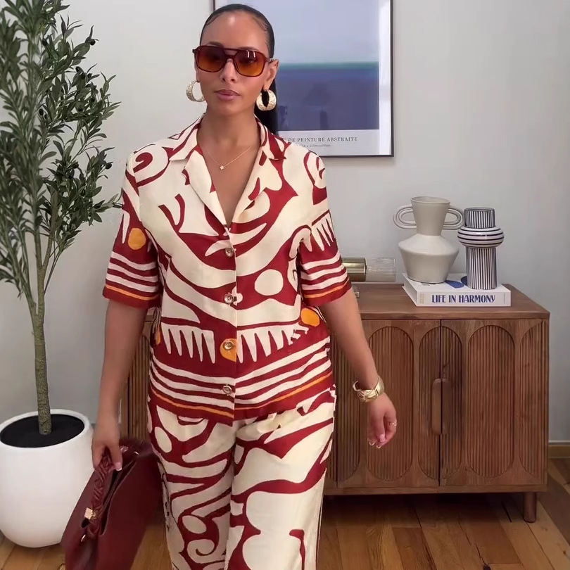 Fashion Women's Turndown Collar Printed Shirt & High-Waisted Wide-Leg Pants African Chic Elegant Two-Piece Set For Summer