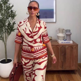Fashion Women's Turndown Collar Printed Shirt & High-Waisted Wide-Leg Pants African Chic Elegant Two-Piece Set For Summer