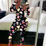 Women's Sexy Fashion Pattern Print Deep V-Neck Long Sleeve Tight Slim Jumpsuit