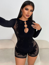 Women's Summer Lace Cut-Out Rhinestone-Embellished Long Sleeve Solid Color Slim-Fit Jumpsuit