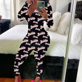 Women's Sexy Fashion Pattern Print Deep V-Neck Long Sleeve Tight Slim Jumpsuit