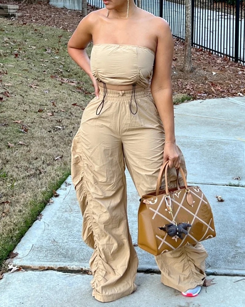 Women solid drawstring pleated top and pants two-piece set