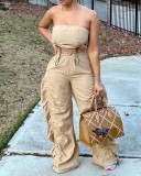 Women solid drawstring pleated top and pants two-piece set