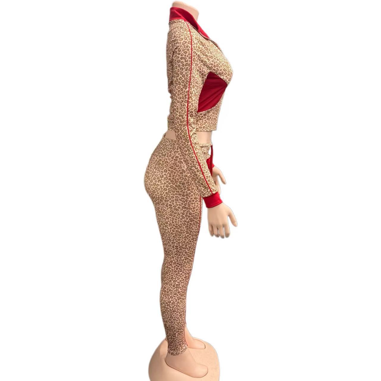 Women Leopard Print Contrast Long-Sleeved Zippered Top and Drawstring Pants Two-Piece Set