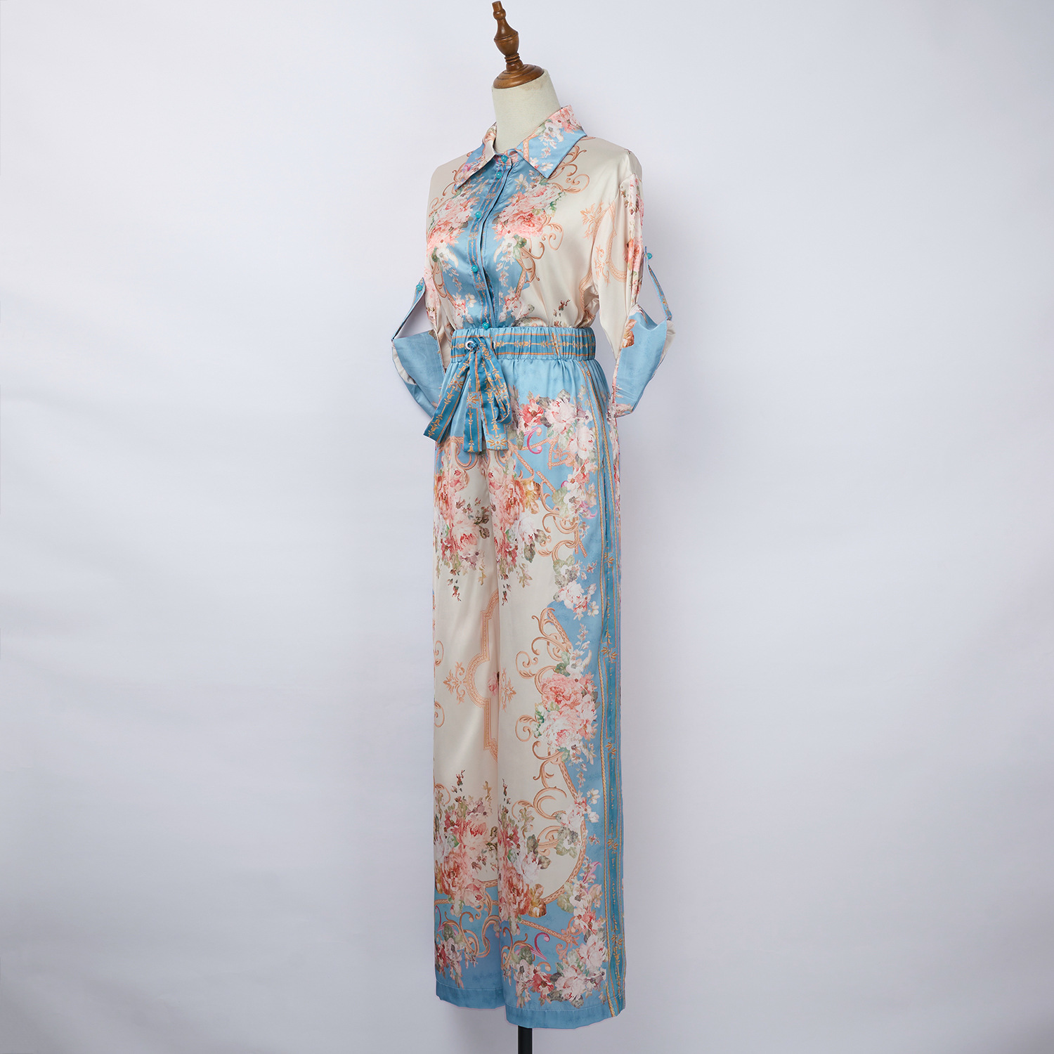 Spring & Summer Print Loose Satin Shirt High-Waisted Elastic Waist Wide-Leg Pants Two-Piece Set