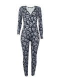 Women's Sexy Fashion Pattern Print Deep V-Neck Long Sleeve Tight Slim Jumpsuit