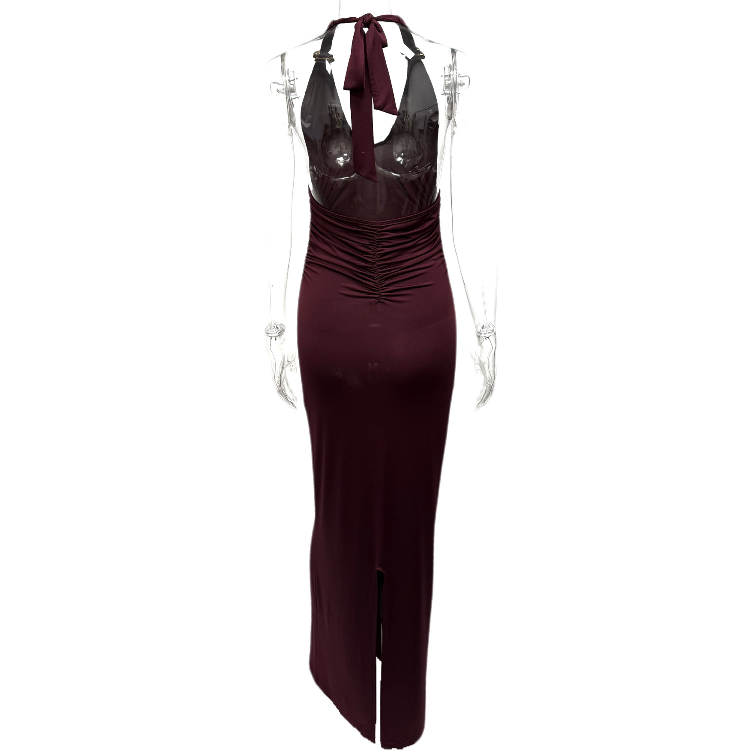 Women's Summer Solid Color Sexy Slit U-Neck Metal Ring Low Back Long Dress