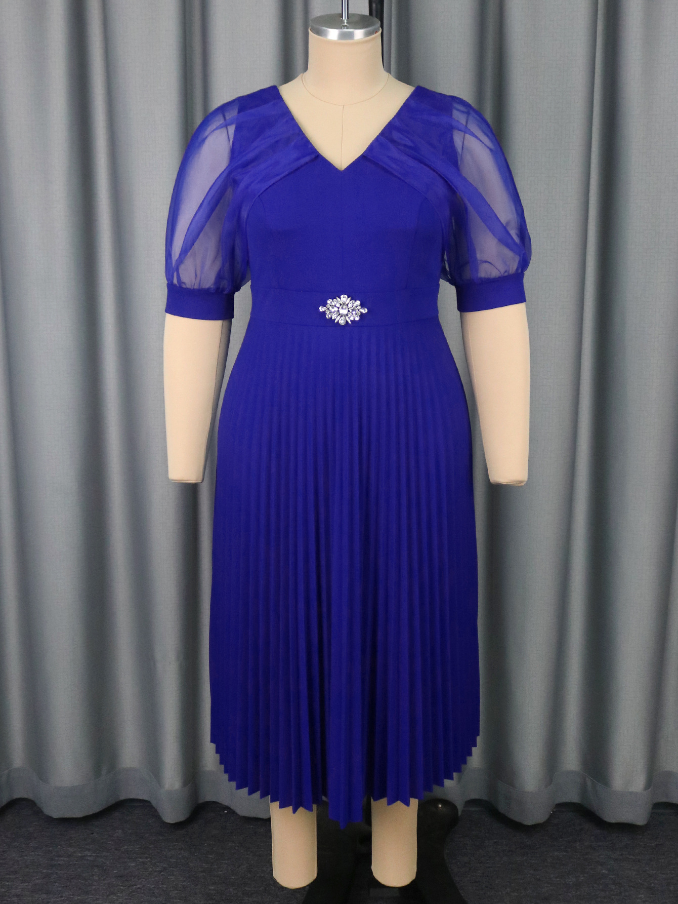 Plus Size Women's V-Neck Career Pleated Dress Formal Church Short Mesh Sleeve A-Line Party Dress