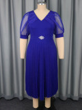 Plus Size Women's V-Neck Career Pleated Dress Formal Church Short Mesh Sleeve A-Line Party Dress
