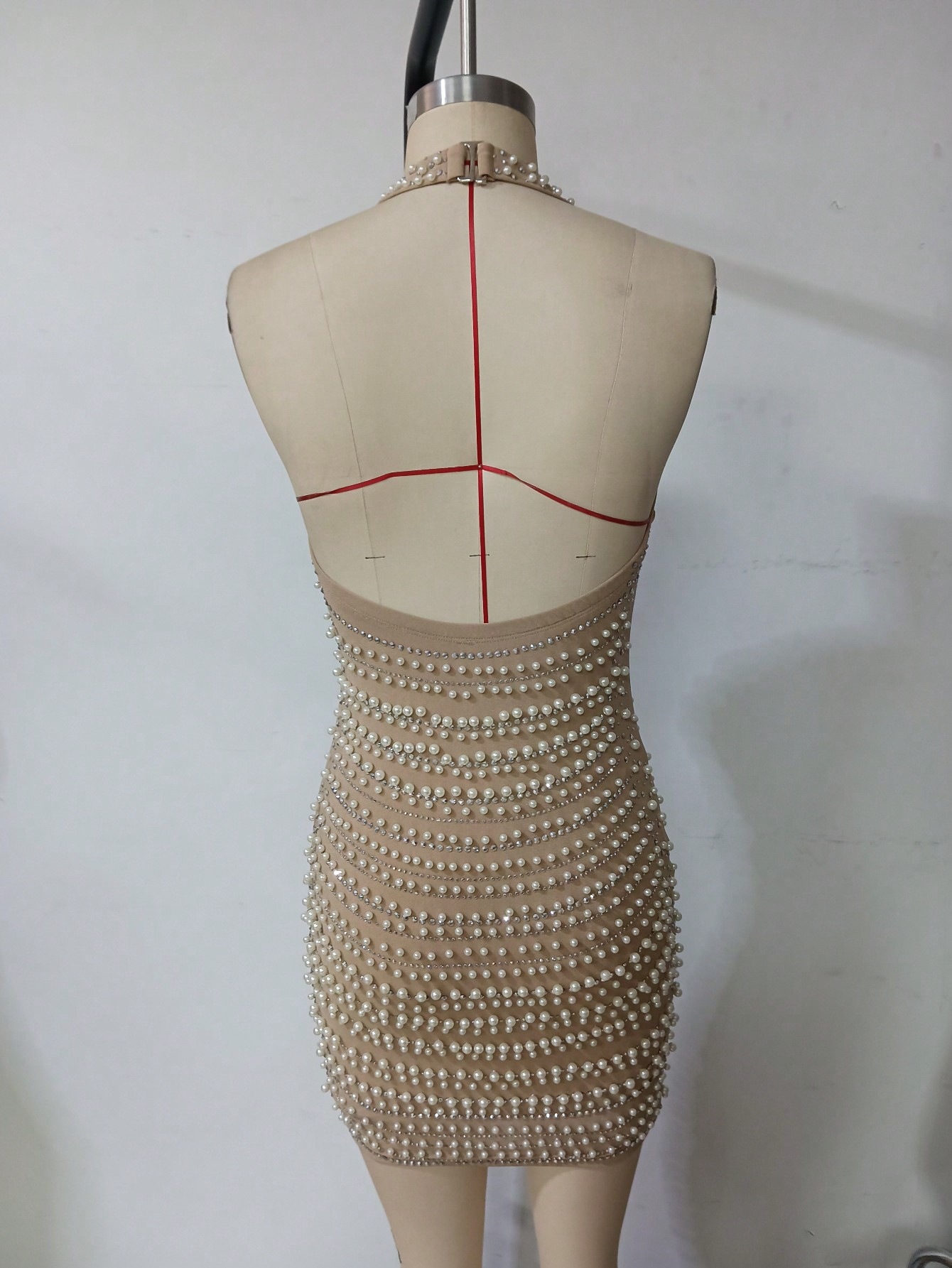 Women's Sexy Mesh Pearl Halter Neck Low Back Bodycon Dress Formal Party Gown