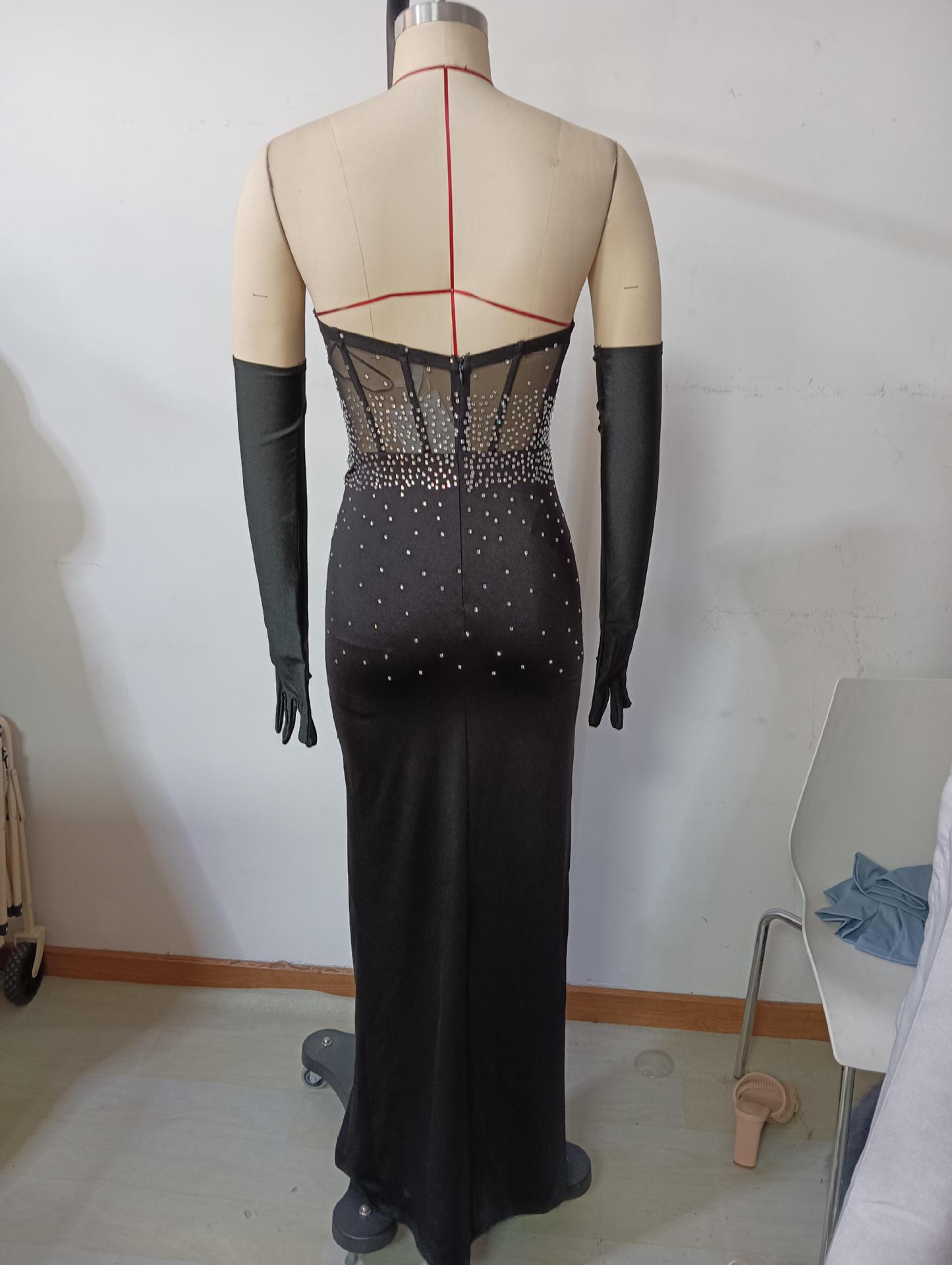 Sleeveless Beaded Evening Gown Sexy Low Back Elegant Slit Strapless Dress