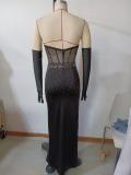 Sleeveless Beaded Evening Gown Sexy Low Back Elegant Slit Strapless Dress