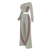 Women's Fashion Casual Long Sleeve Top & Side Striped Sporty Pants Two-Piece Set
