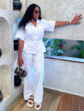 Women Solid Turndown Collar Short-Sleeved Cardigan Shirt and Casual Pants Two-Piece Set (African Trendy Two-Piece Set)