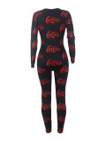 Women's Sexy Fashion Pattern Print Deep V-Neck Long Sleeve Tight Slim Jumpsuit