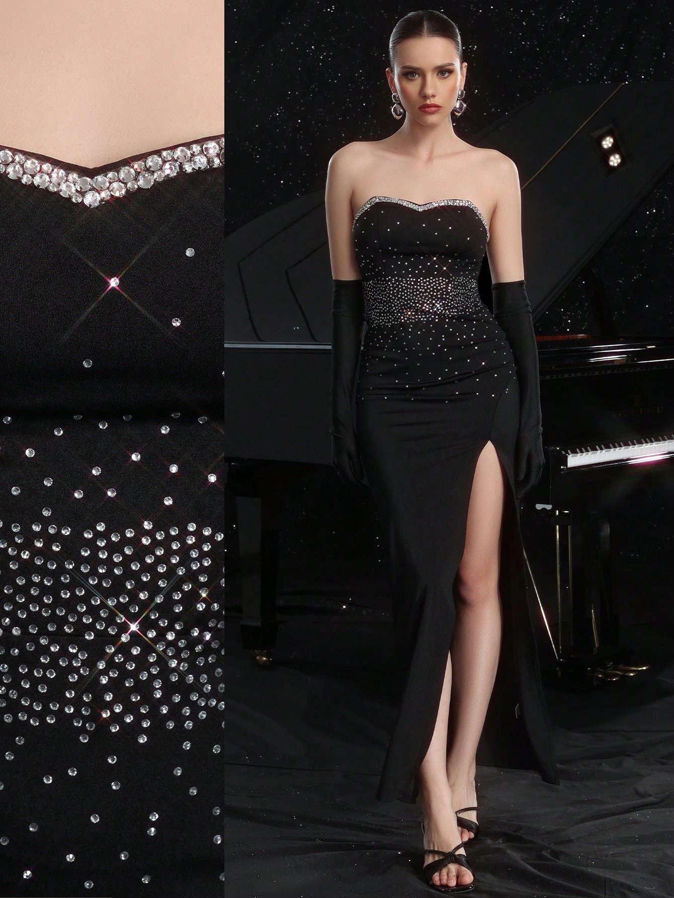 Sleeveless Beaded Evening Gown Sexy Low Back Elegant Slit Strapless Dress
