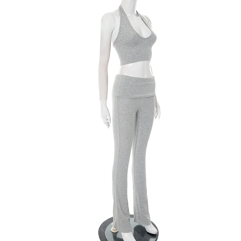 Women sexy ribbed halter neck Drawstring vest with fold-over pants two-piece set