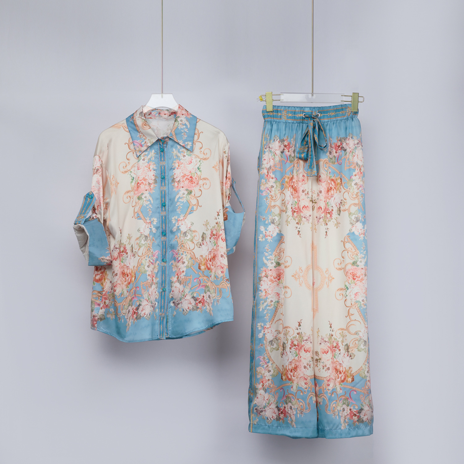 Spring & Summer Print Loose Satin Shirt High-Waisted Elastic Waist Wide-Leg Pants Two-Piece Set