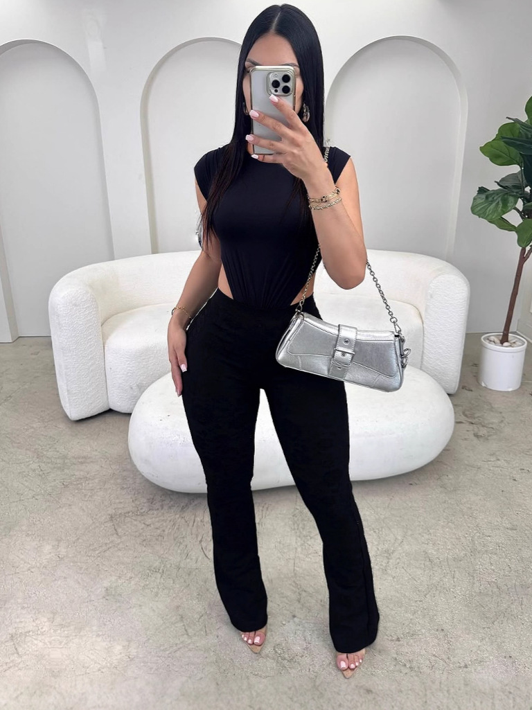Women's Round Neck Sleeveless Side Cut-Out Black Bodysuit Top & Tight Fitting Pants Two-Piece Set