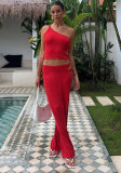 Women's Spring & Summer Sexy Slash Shoulder Top & Slit Skirt Solid Color Knitted Two-Piece Set For Holidays