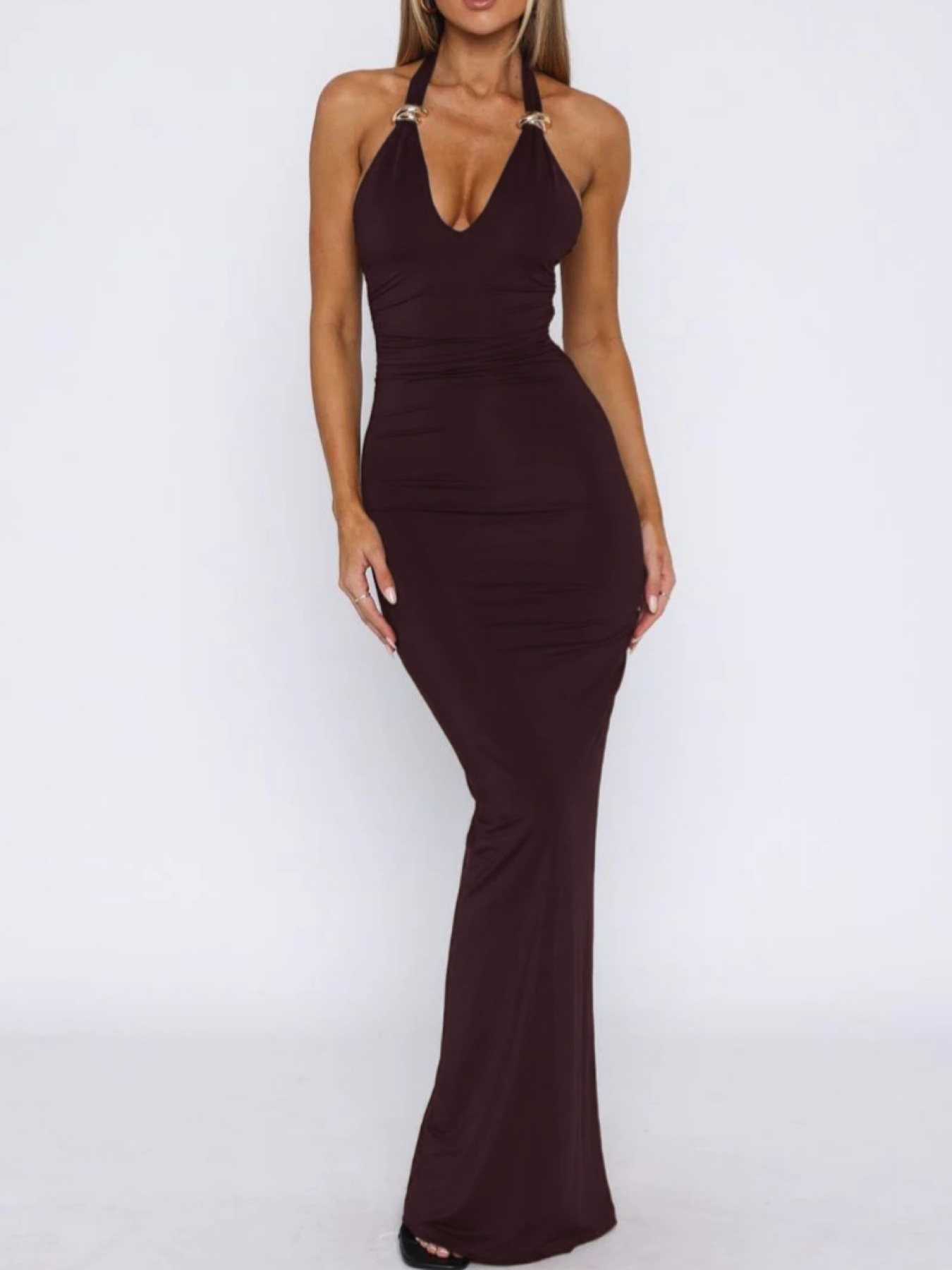 Women's Summer Solid Color Sexy Slit U-Neck Metal Ring Low Back Long Dress