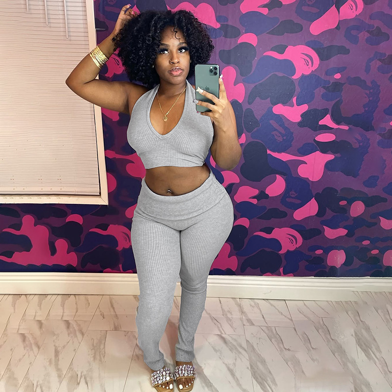 Women sexy ribbed halter neck Drawstring vest with fold-over pants two-piece set