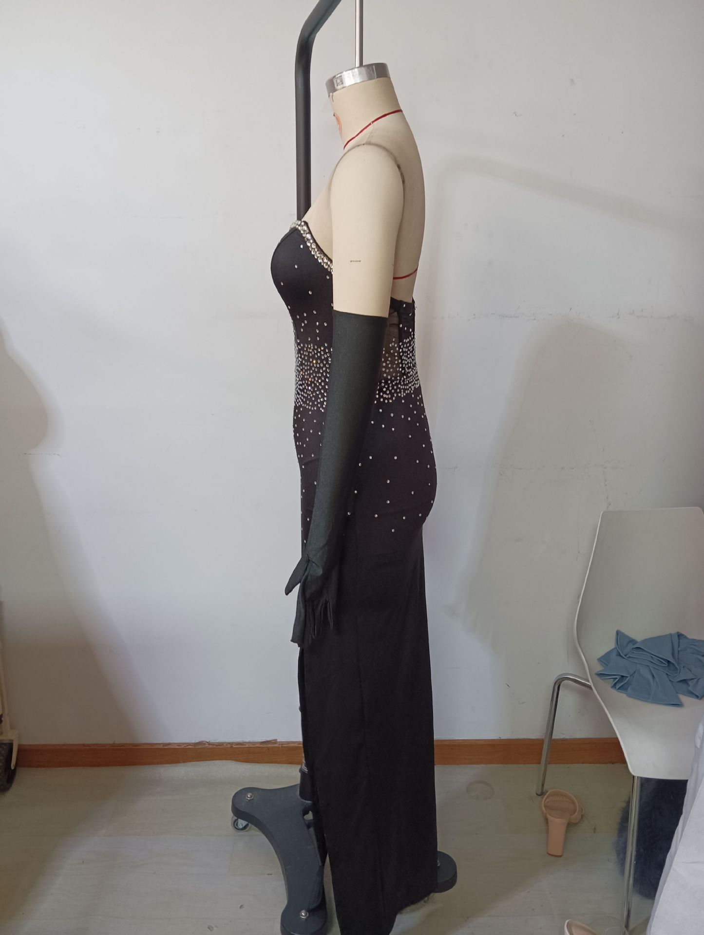 Sleeveless Beaded Evening Gown Sexy Low Back Elegant Slit Strapless Dress