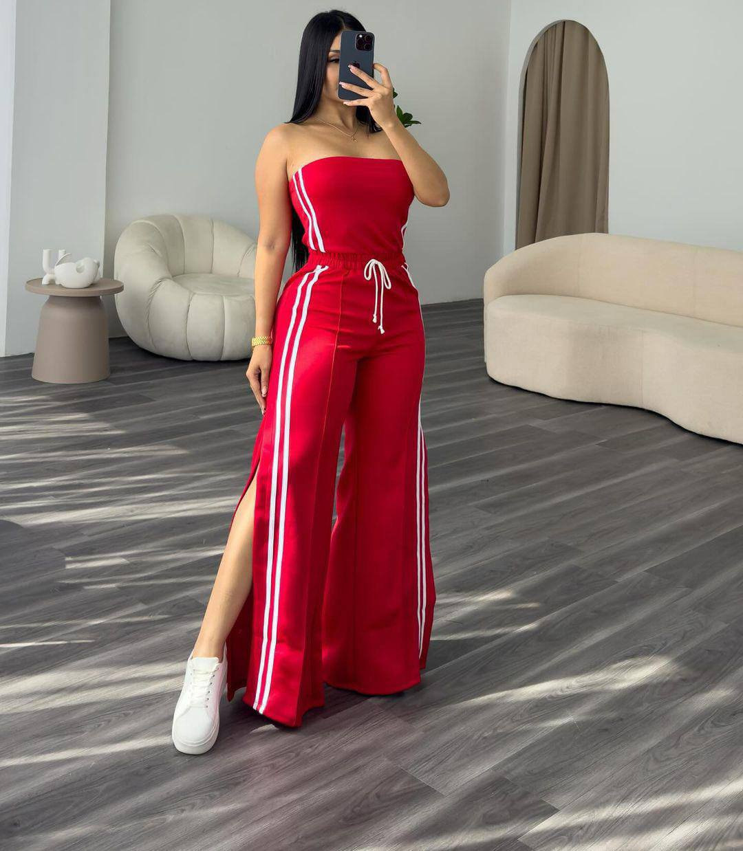 Fashion Women Strapless Tops Loose Pants Casual Two-piece Set