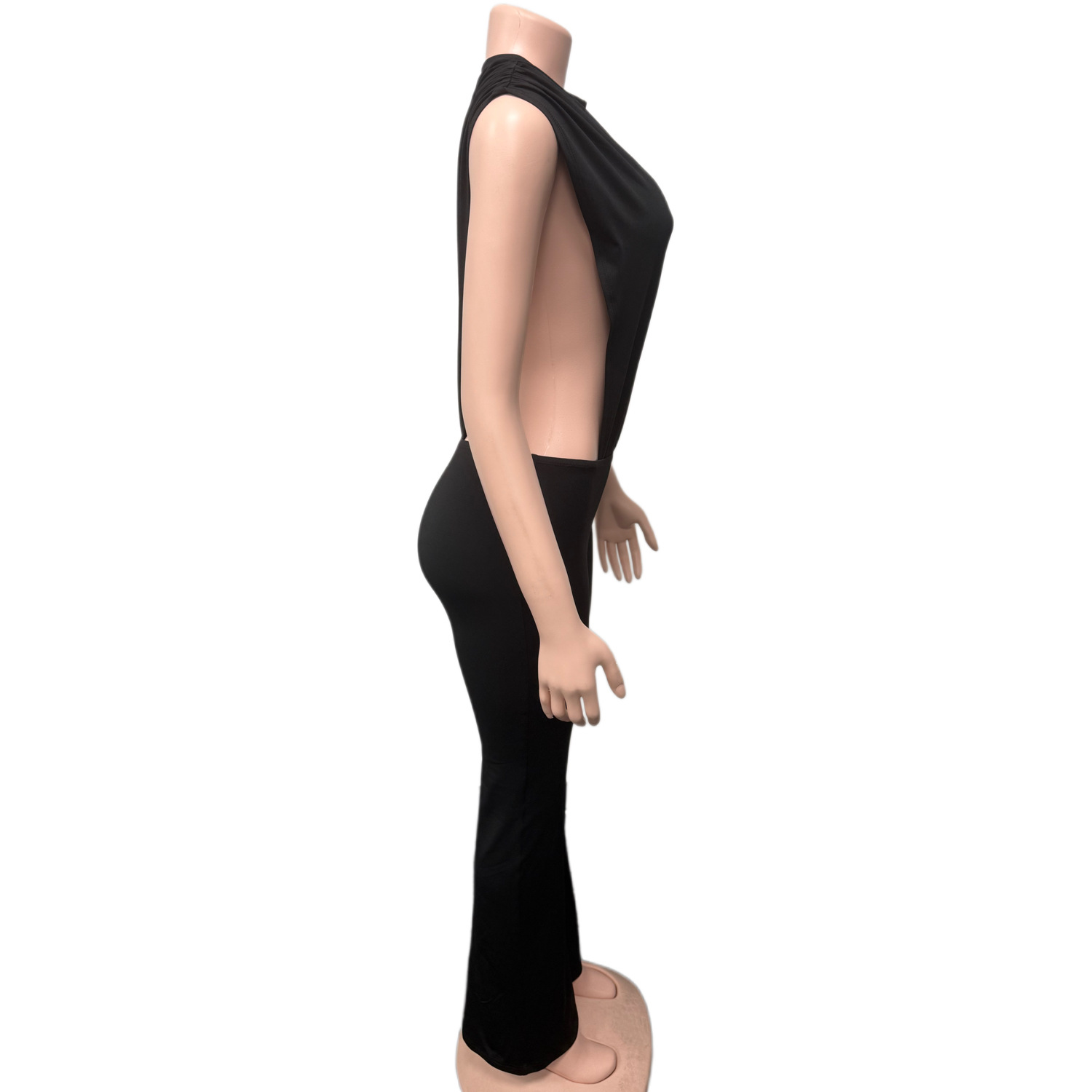 Women's Round Neck Sleeveless Side Cut-Out Black Bodysuit Top & Tight Fitting Pants Two-Piece Set