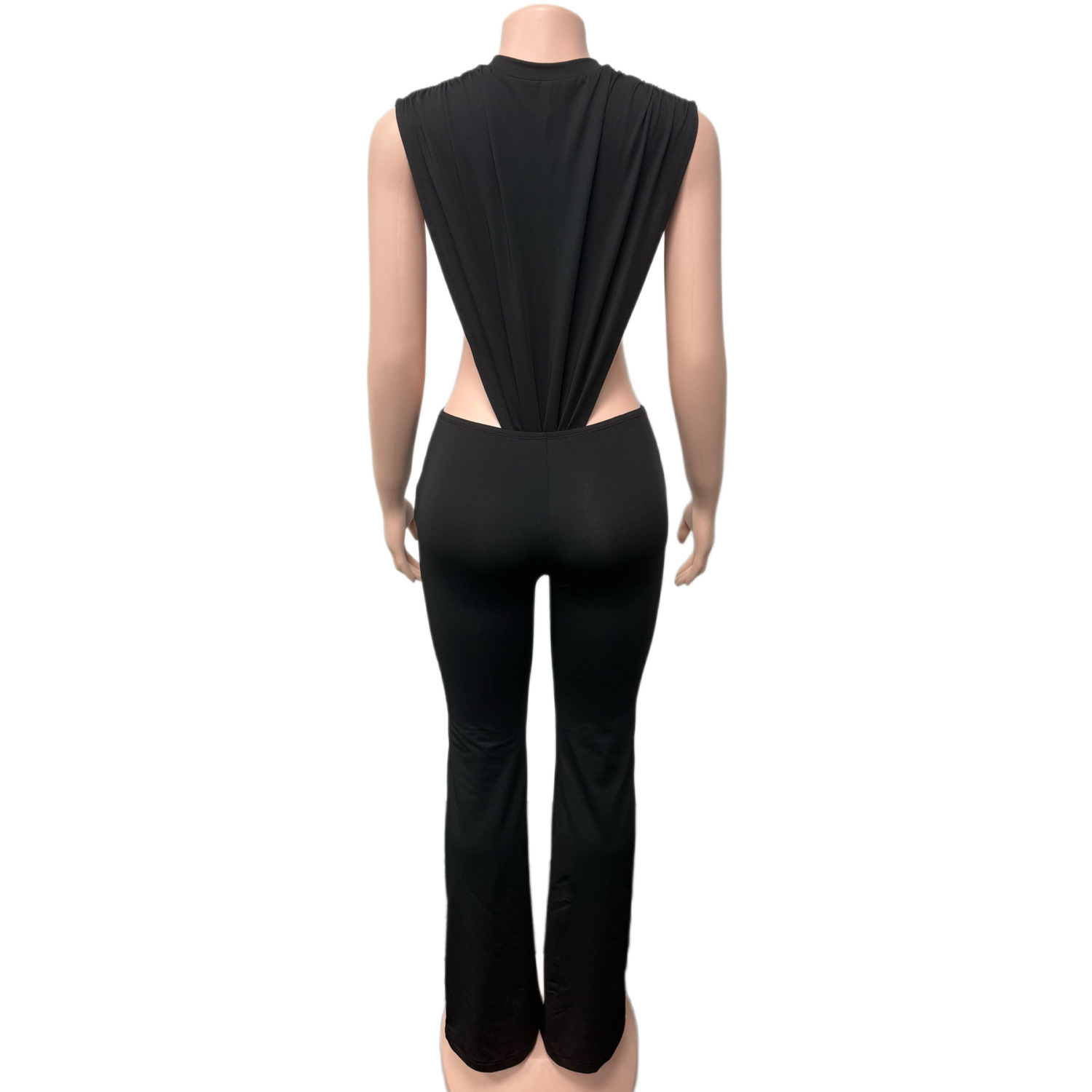 Women's Round Neck Sleeveless Side Cut-Out Black Bodysuit Top & Tight Fitting Pants Two-Piece Set