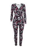 Women's Sexy Fashion Pattern Print Deep V-Neck Long Sleeve Tight Slim Jumpsuit