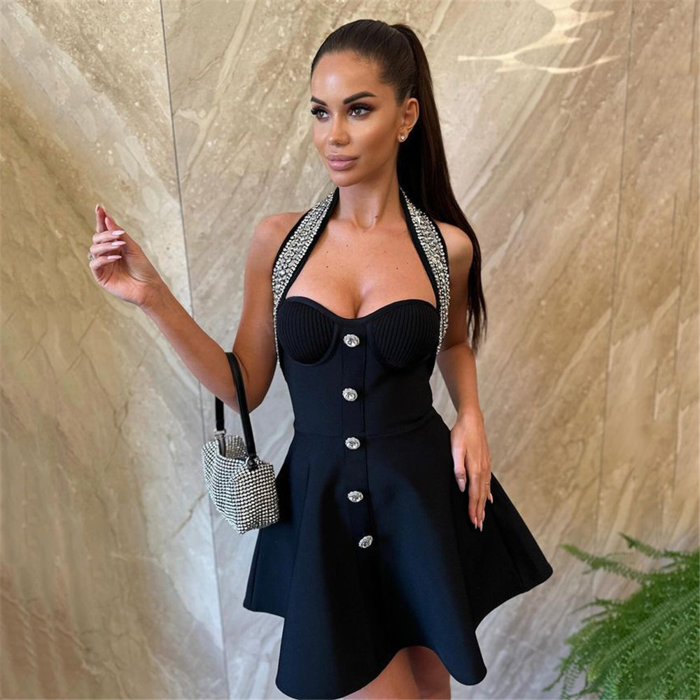 Women Sexy Halter Neck Evening Dress with Diamond Bandage