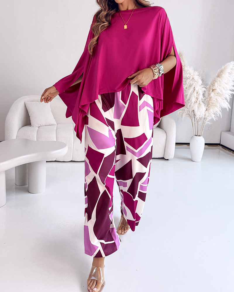 Women off-the-shoulder bat sleeves top and colorblock wide-leg pants two-piece set