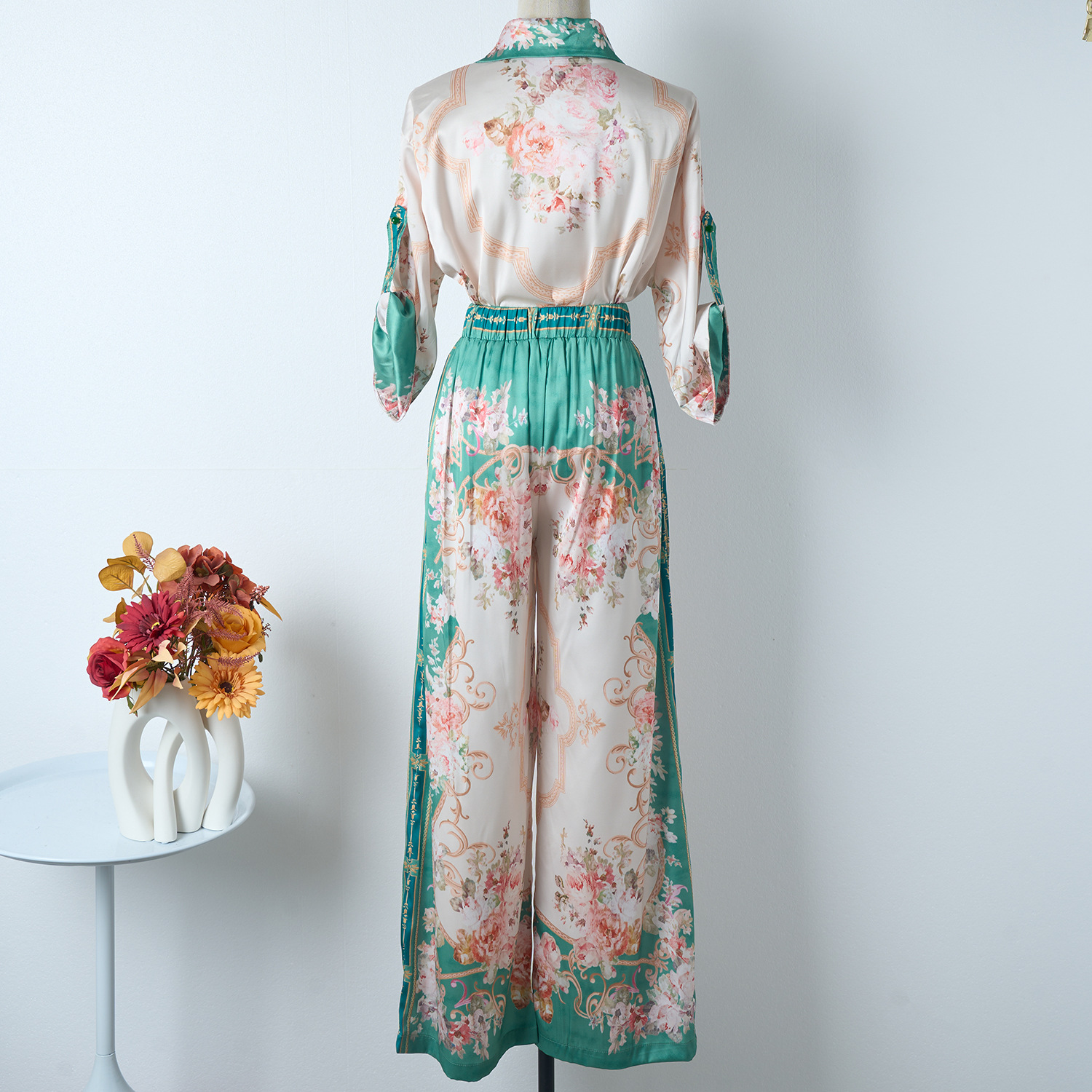 Spring & Summer Print Loose Satin Shirt High-Waisted Elastic Waist Wide-Leg Pants Two-Piece Set