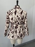 Women Fall Career Brown Printed Long-Sleeved Blazer Coat