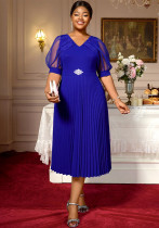Plus Size Women's V-Neck Career Pleated Dress Formal Church Short Mesh Sleeve A-Line Party Dress