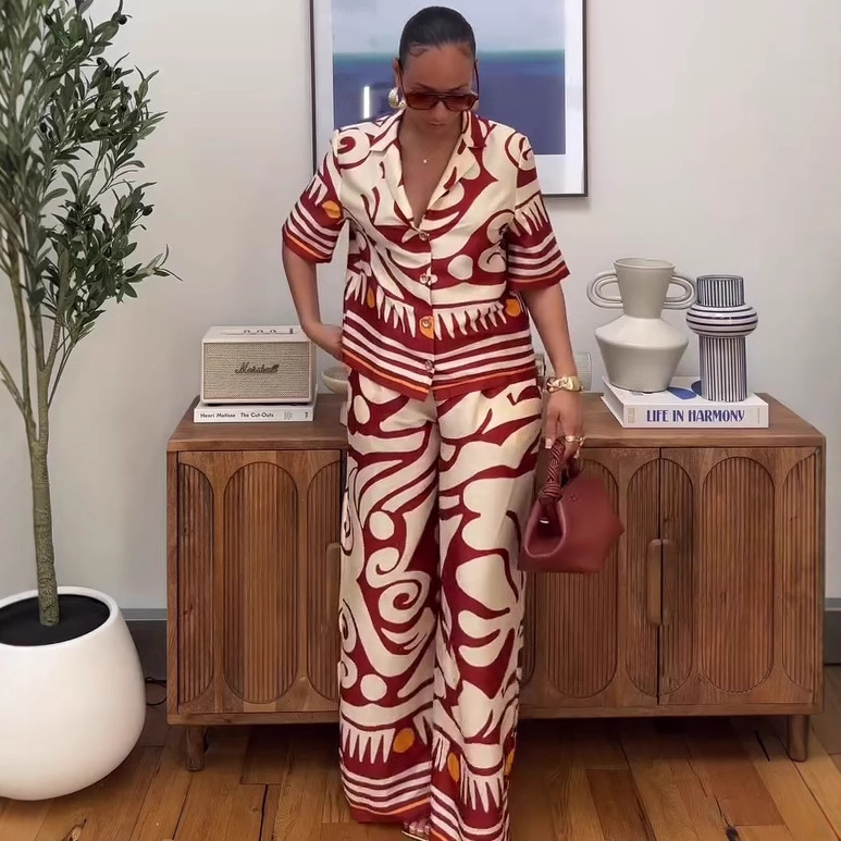 Fashion Women's Turndown Collar Printed Shirt & High-Waisted Wide-Leg Pants African Chic Elegant Two-Piece Set For Summer