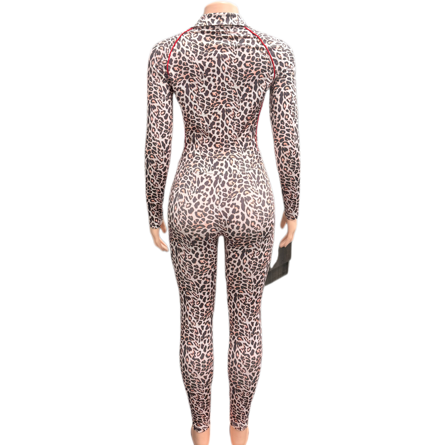 Women Bodycon Leopard Print Zippered Top and Pants Two-Piece Set