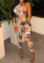 Women's Summer Sexy Deep Low Back Halter Neck Fashion Print Slim Fit Jumpsuit Women's Summer Sexy Deep Low Back Halter Neck Fashion Print Slim Fit Jumpsuit