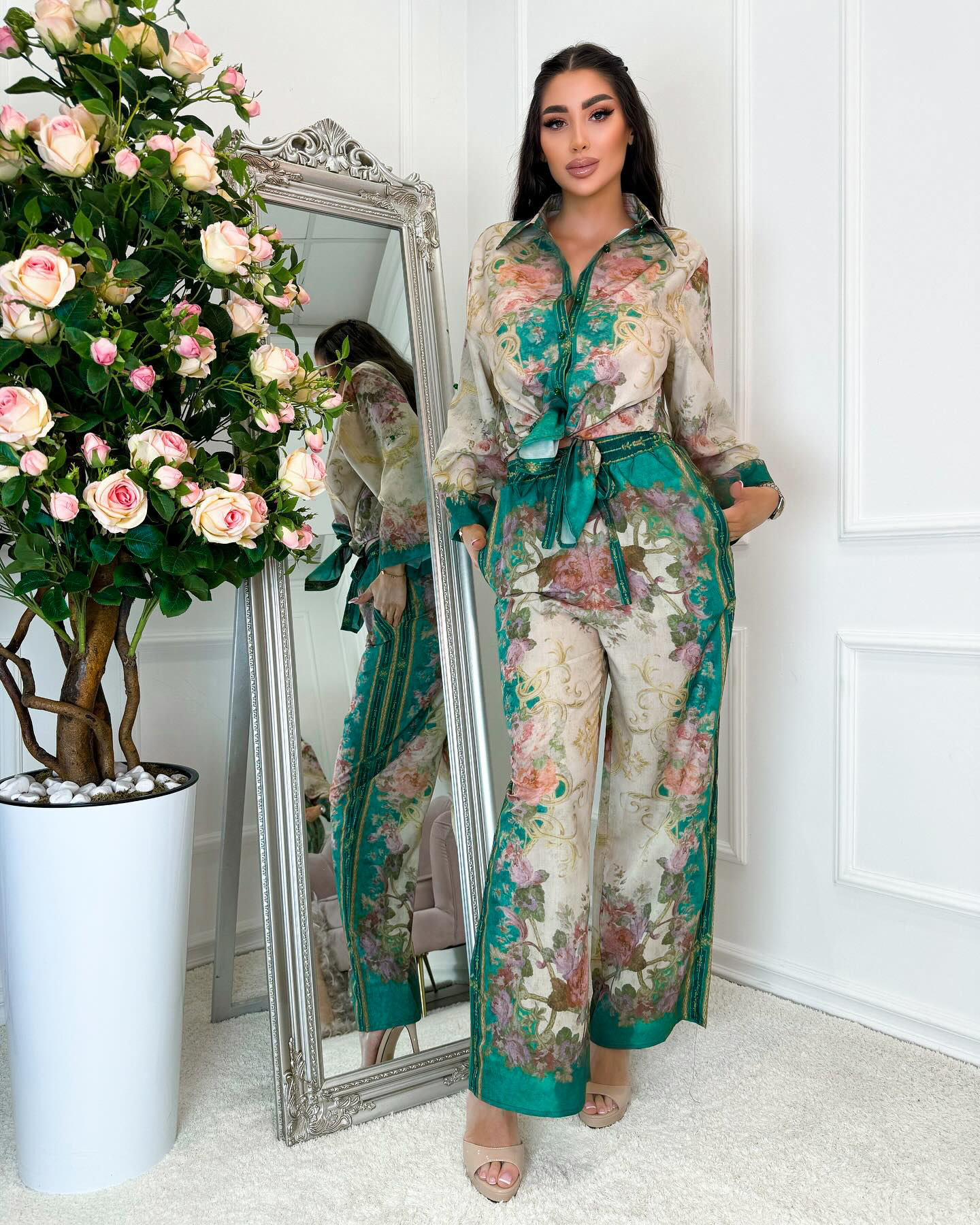 Spring & Summer Print Loose Satin Shirt High-Waisted Elastic Waist Wide-Leg Pants Two-Piece Set